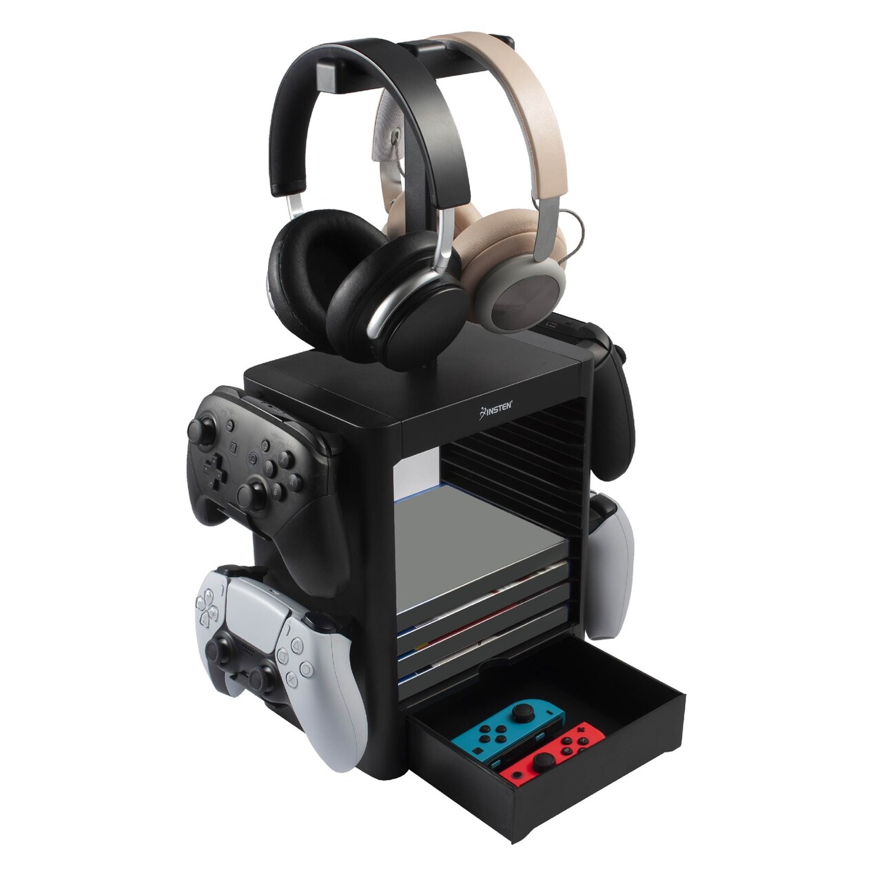 Insten Video Game Storage Tower For PS5 xBox One Series X S Nintendo Switch PC Games, Vertical Stand Holder for 10 Disks, 4 Controllers, 2 Headset Organizer, Black